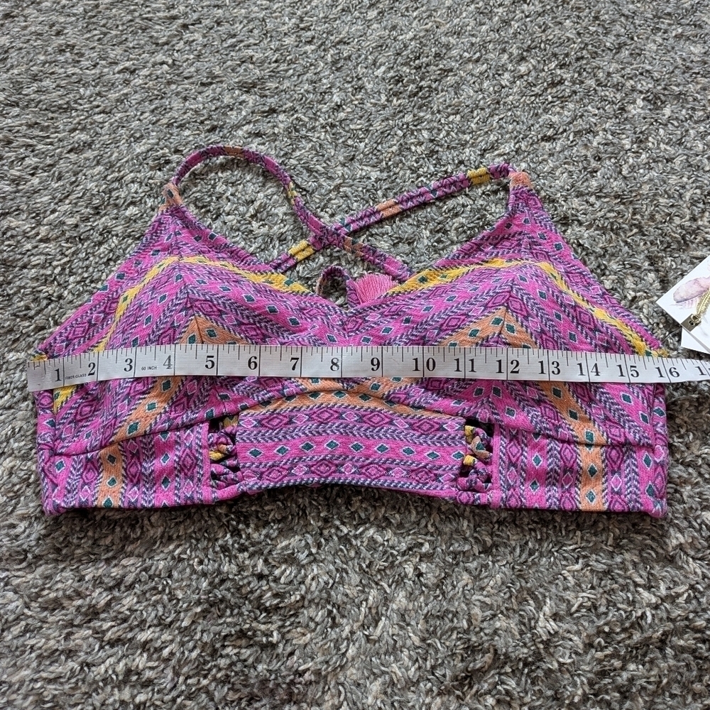 NWT Jessica Simpson pink yellow geometric v neck tie back bikini top L - Picture 9 of 9